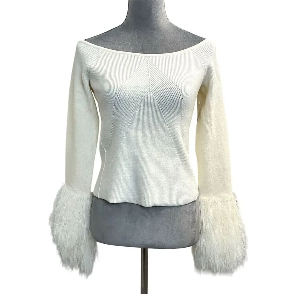 Free People Marilyn Pullover Ivory Sweater L Furry Cuffs Boho Hippie Fall Cozy